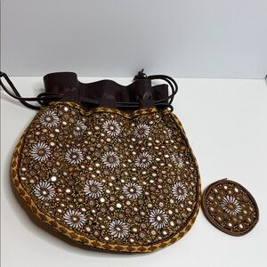 Large Mirrored Leather Drawstring Tote Purse with Coin purse